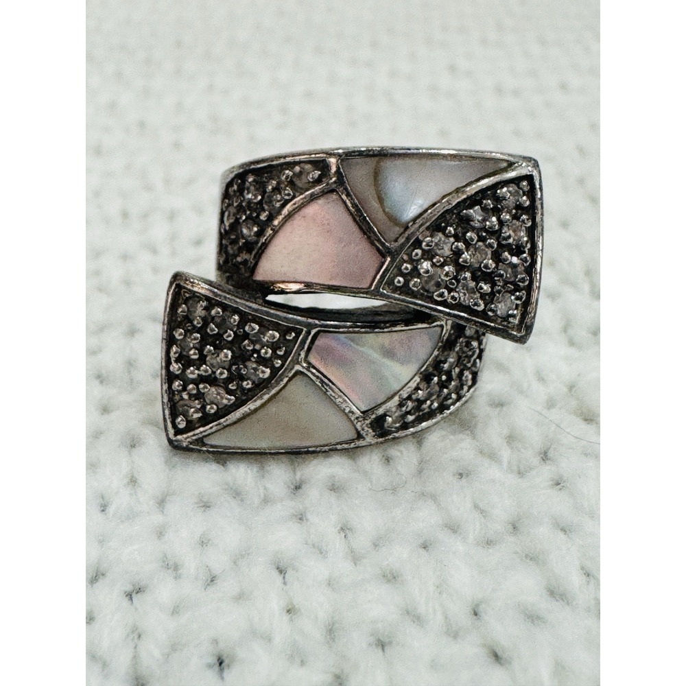 925 Sterling Silver Iridescent Inlay Geometric Ring Size 6